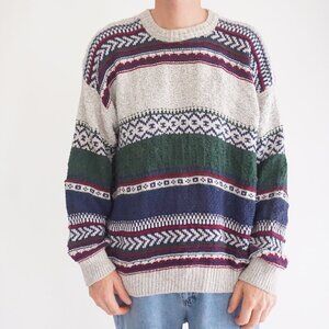 VTG CJ Cotton Navy Green 3D Biggie Cottagecore Eclectic Crewneck Knit Sweater XL